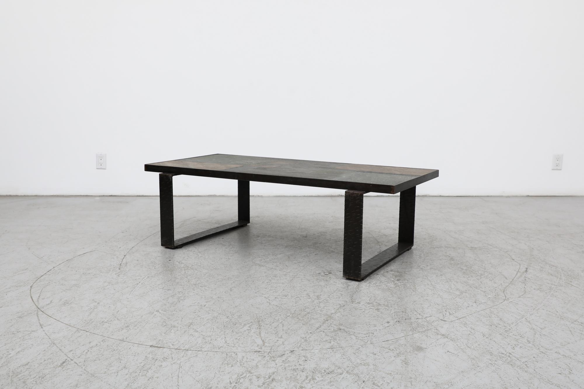 Mid-Century Modern Paul Kingma Inspired Brutalist Brown & Gray Stone Coffee Table w/ Steel Legs For Sale