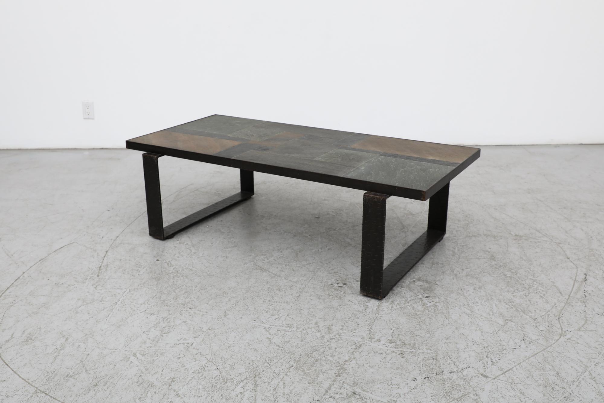 Dutch Paul Kingma Inspired Brutalist Brown & Gray Stone Coffee Table w/ Steel Legs For Sale