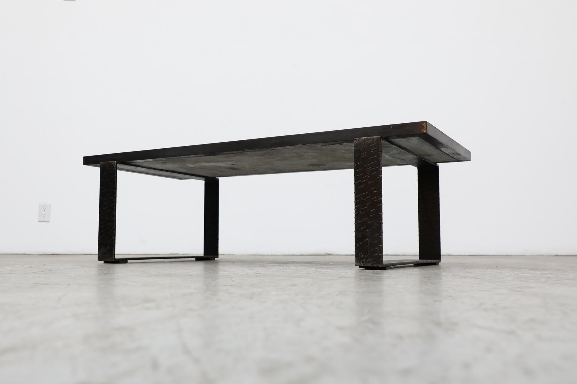 Paul Kingma Inspired Brutalist Brown & Gray Stone Coffee Table w/ Steel Legs In Good Condition For Sale In Los Angeles, CA