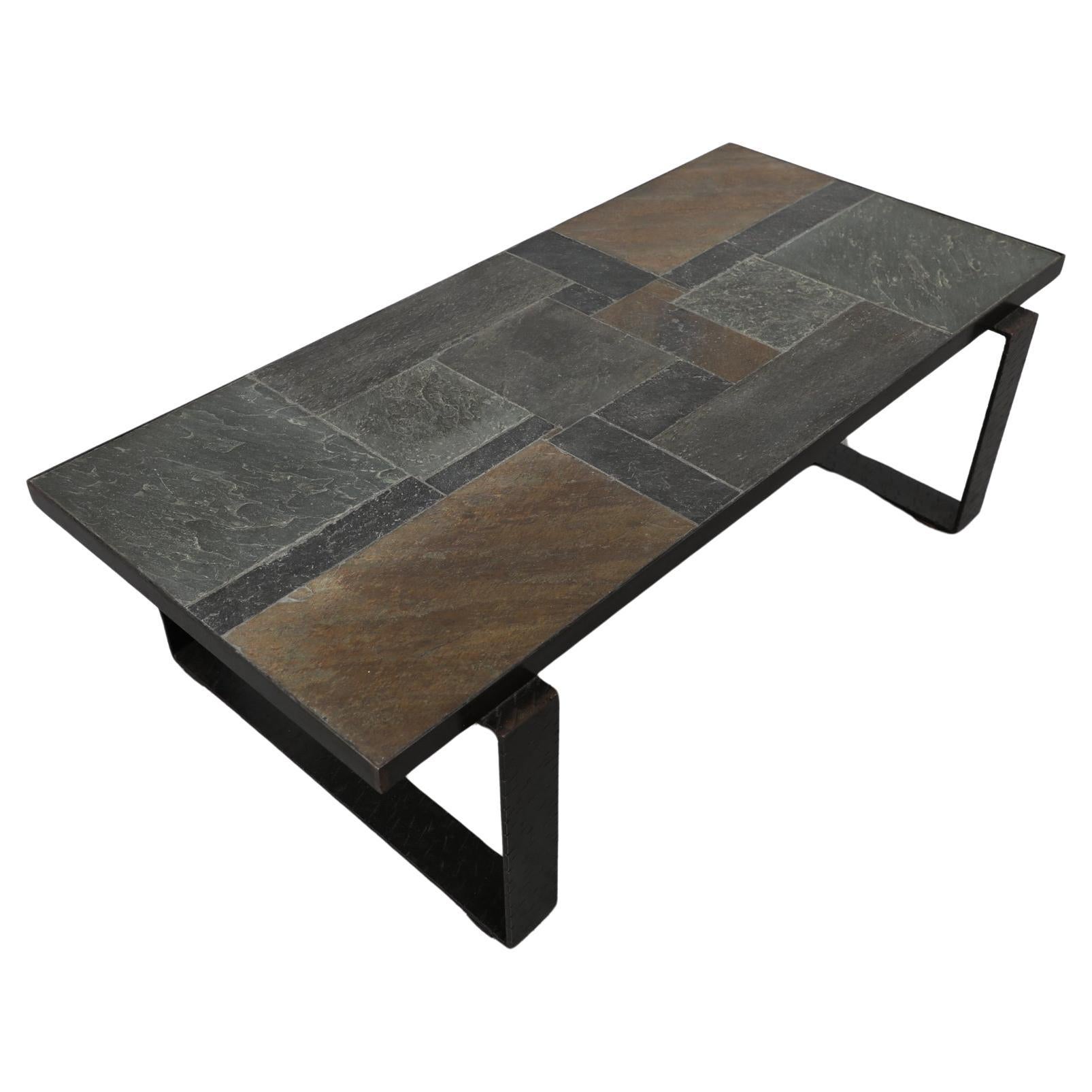 Paul Kingma Inspired Brutalist Brown & Gray Stone Coffee Table w/ Steel Legs For Sale