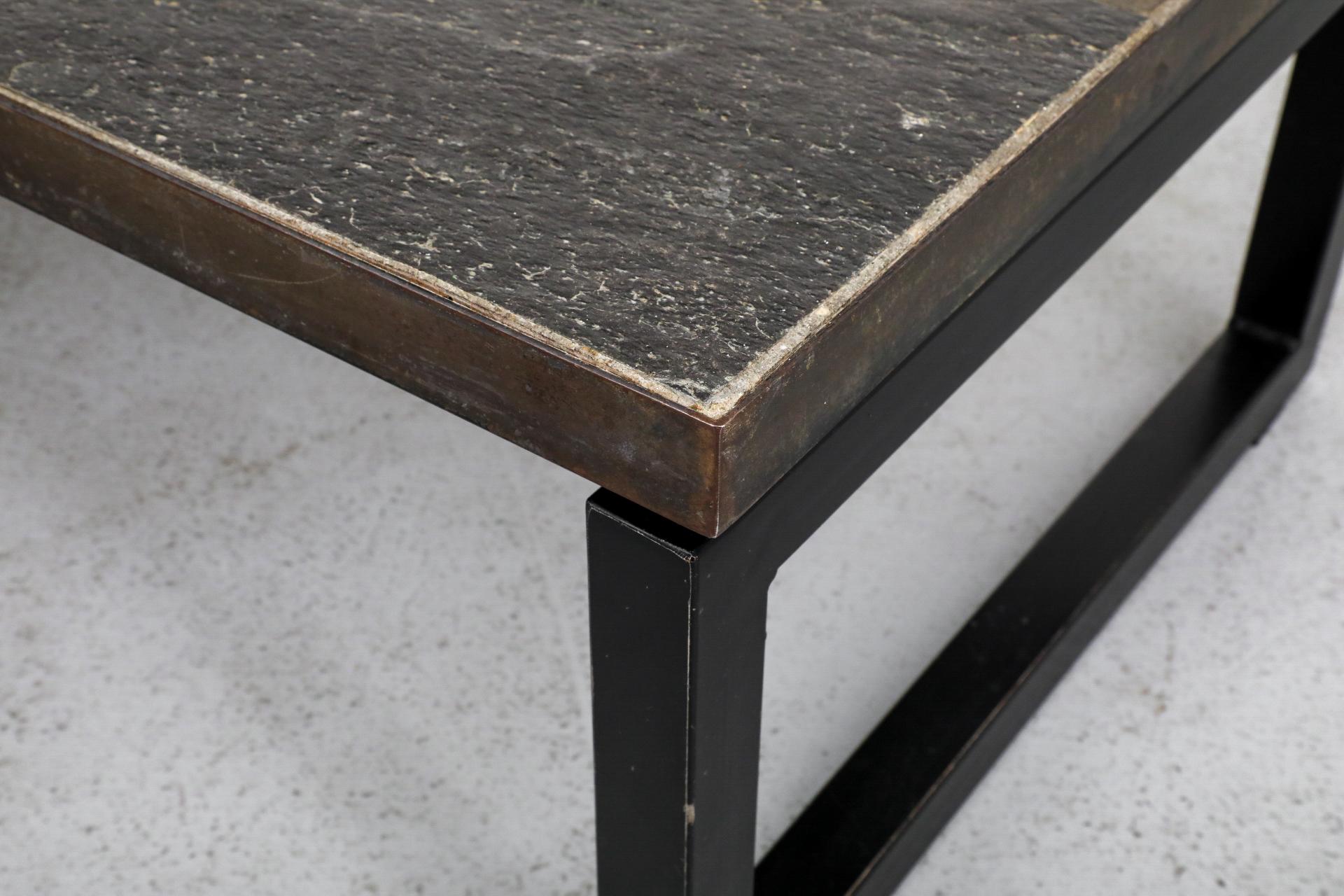 Paul Kingma Inspired Inset Mosaic Slate Coffee Table with Banded Metal Frame For Sale 4
