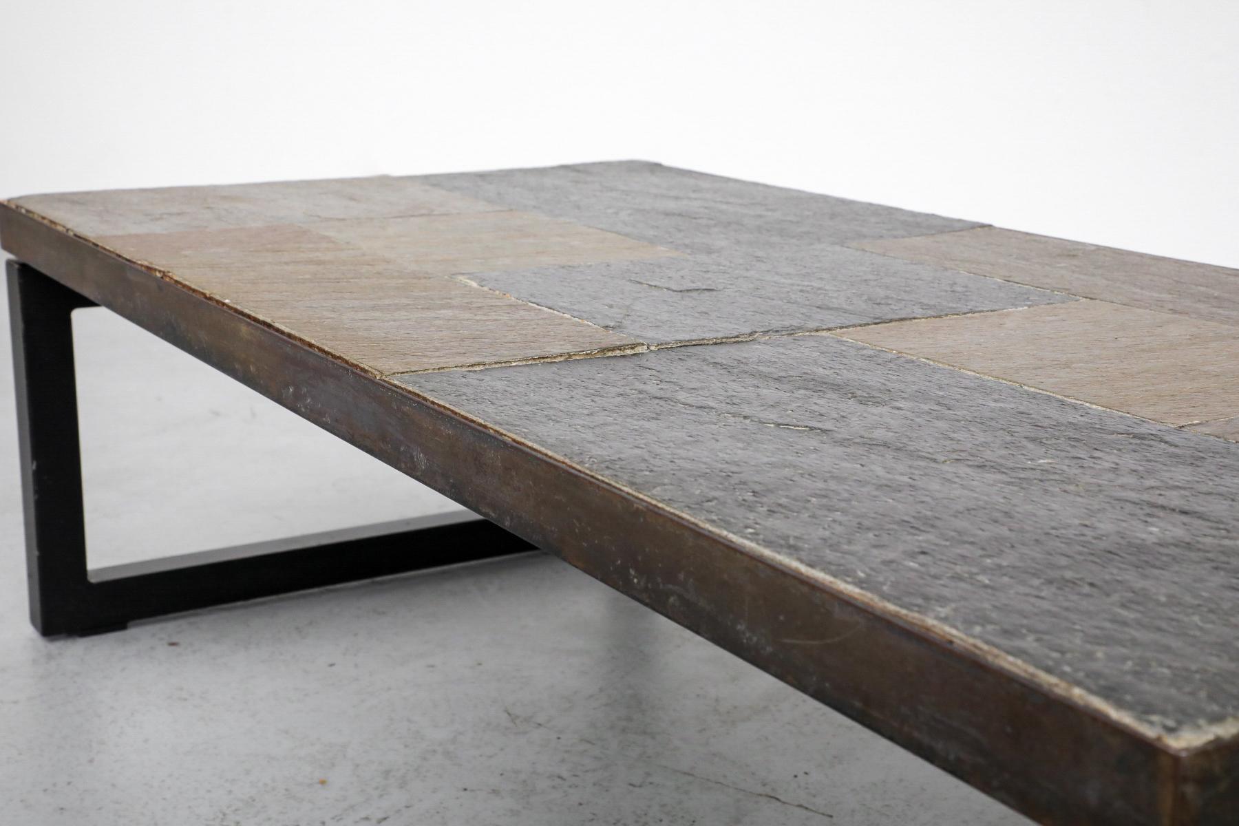 Paul Kingma Inspired Inset Mosaic Slate Coffee Table with Banded Metal Frame For Sale 6