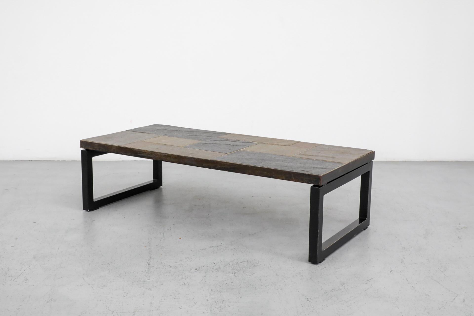 Mid-Century Modern Paul Kingma Inspired Inset Mosaic Slate Coffee Table with Banded Metal Frame For Sale