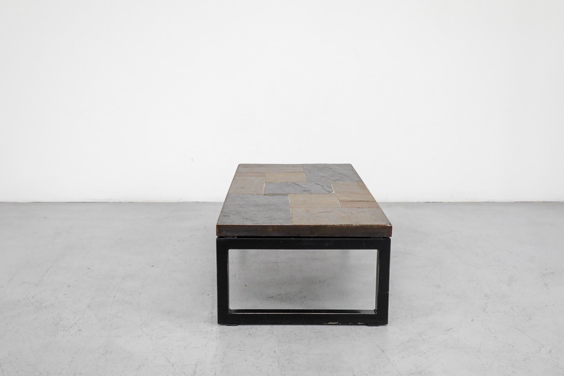 Dutch Paul Kingma Inspired Inset Mosaic Slate Coffee Table with Banded Metal Frame For Sale