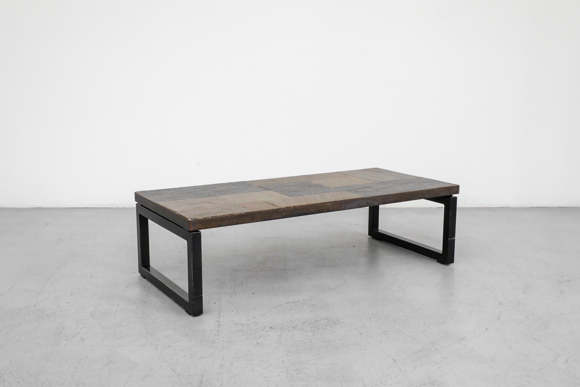 Inlay Paul Kingma Inspired Inset Mosaic Slate Coffee Table with Banded Metal Frame For Sale