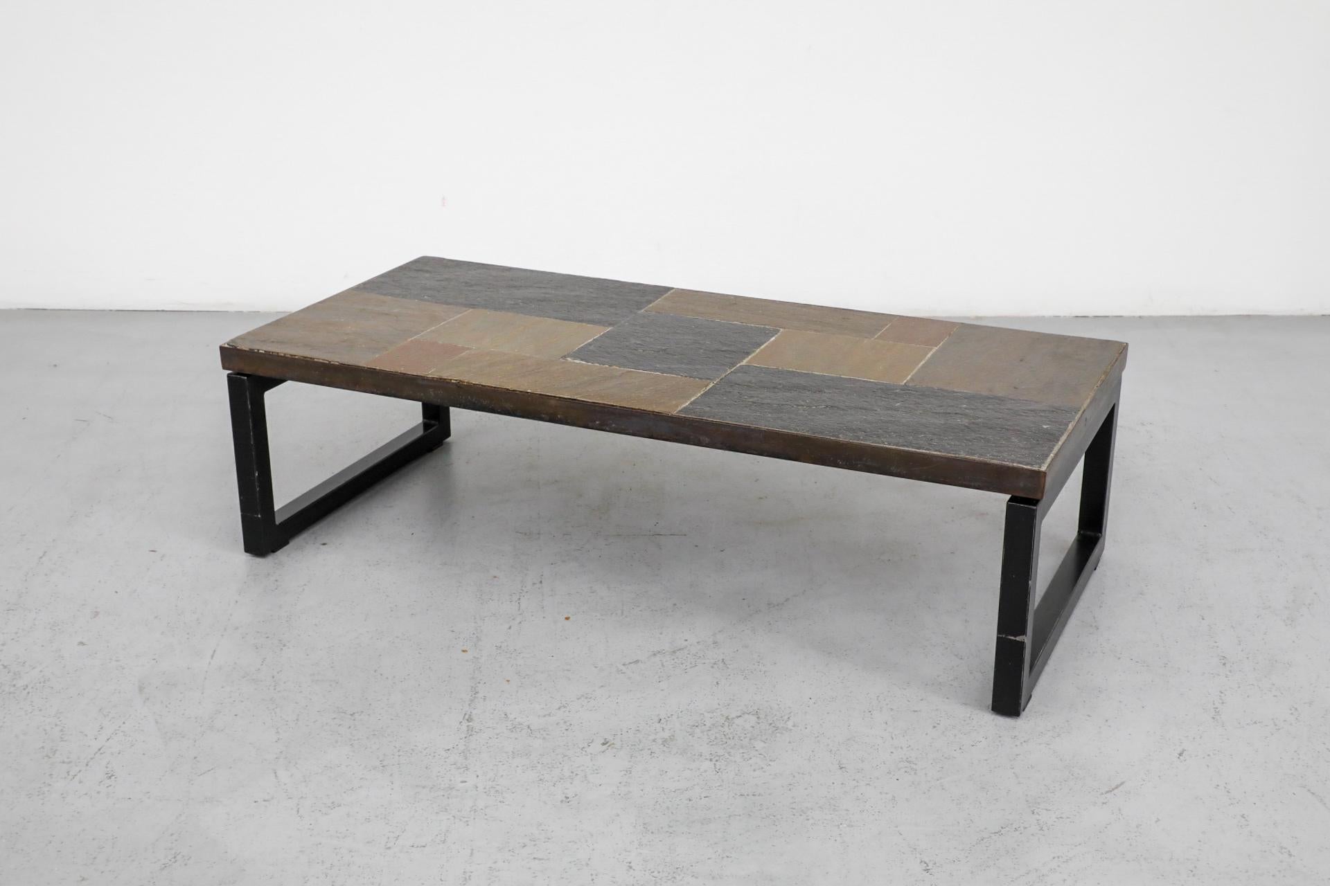20th Century Paul Kingma Inspired Inset Mosaic Slate Coffee Table with Banded Metal Frame For Sale