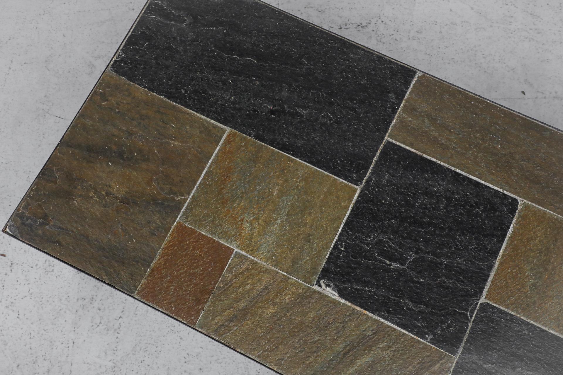 Paul Kingma Inspired Inset Mosaic Slate Coffee Table with Banded Metal Frame For Sale 1