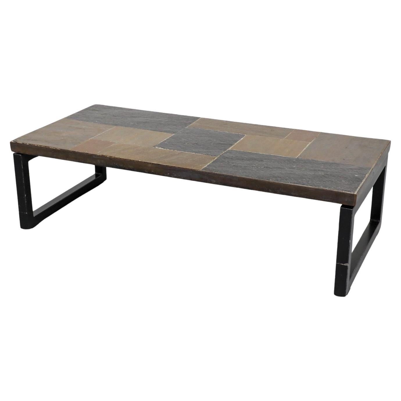 Paul Kingma Inspired Inset Mosaic Slate Coffee Table with Banded Metal Frame