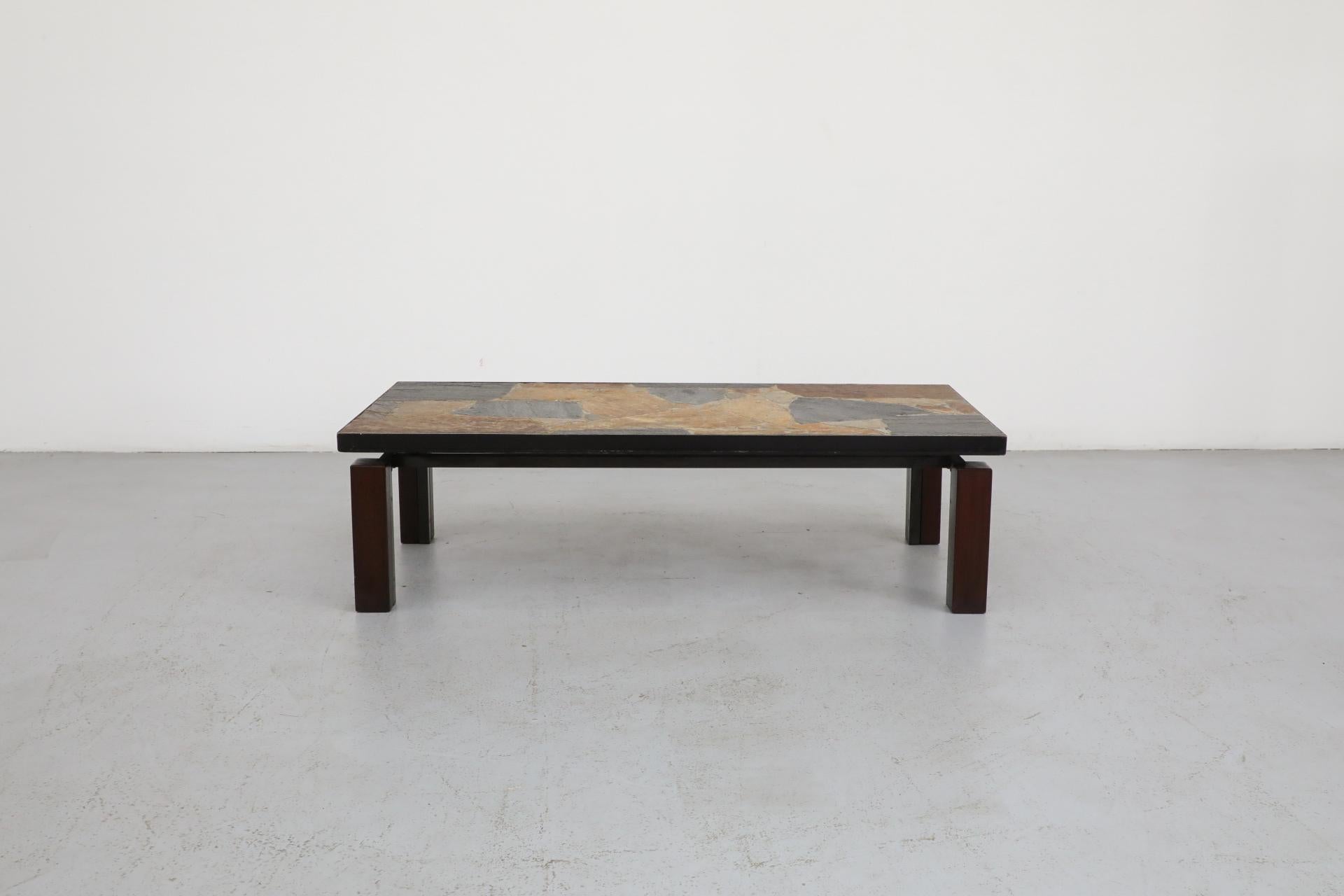 Brutalist Paul Kingma Inspired Mixed Slate & Stone Coffee Table with Wood and Metal Base For Sale