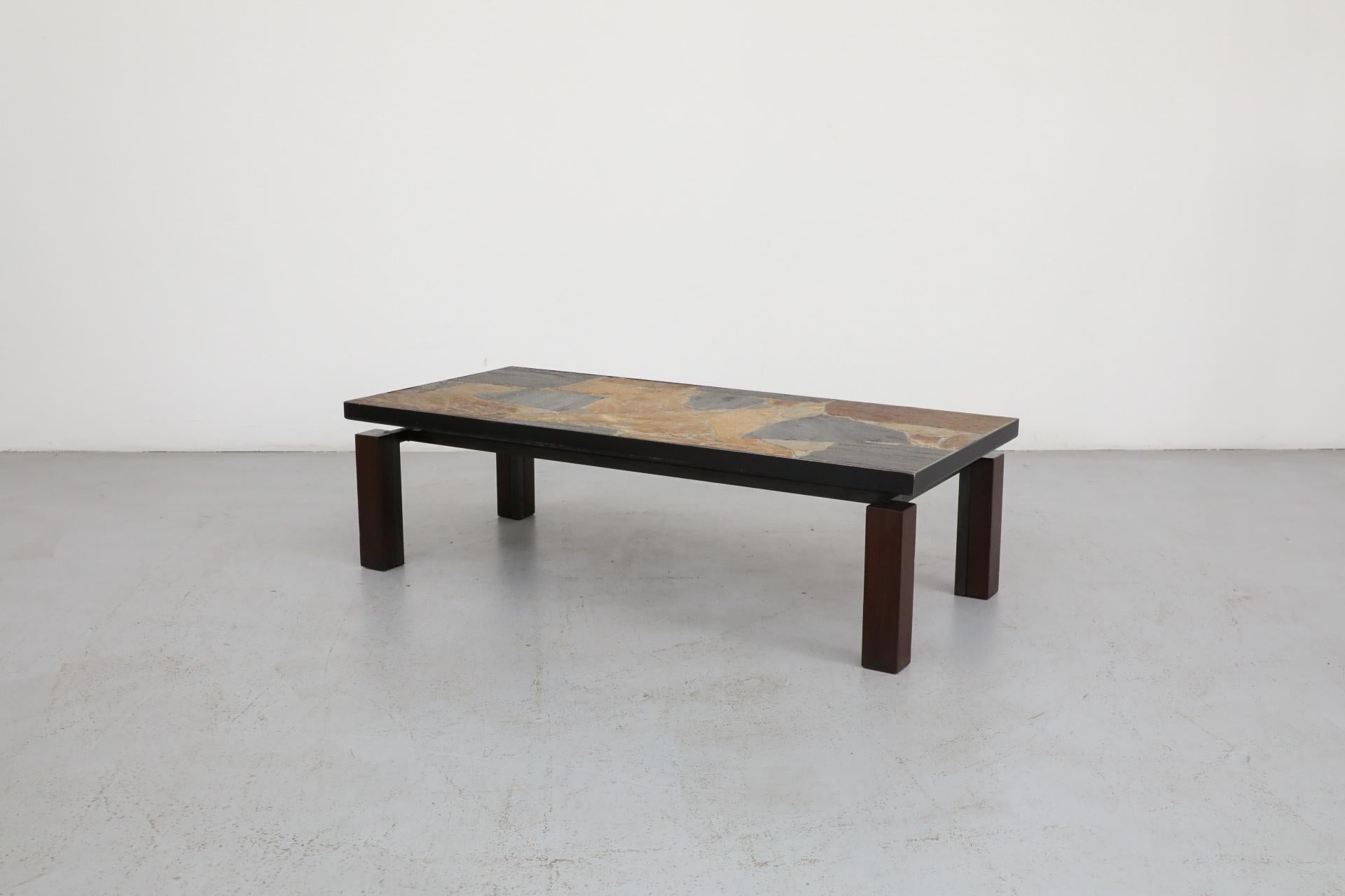 Dutch Paul Kingma Inspired Mixed Slate & Stone Coffee Table with Wood and Metal Base For Sale