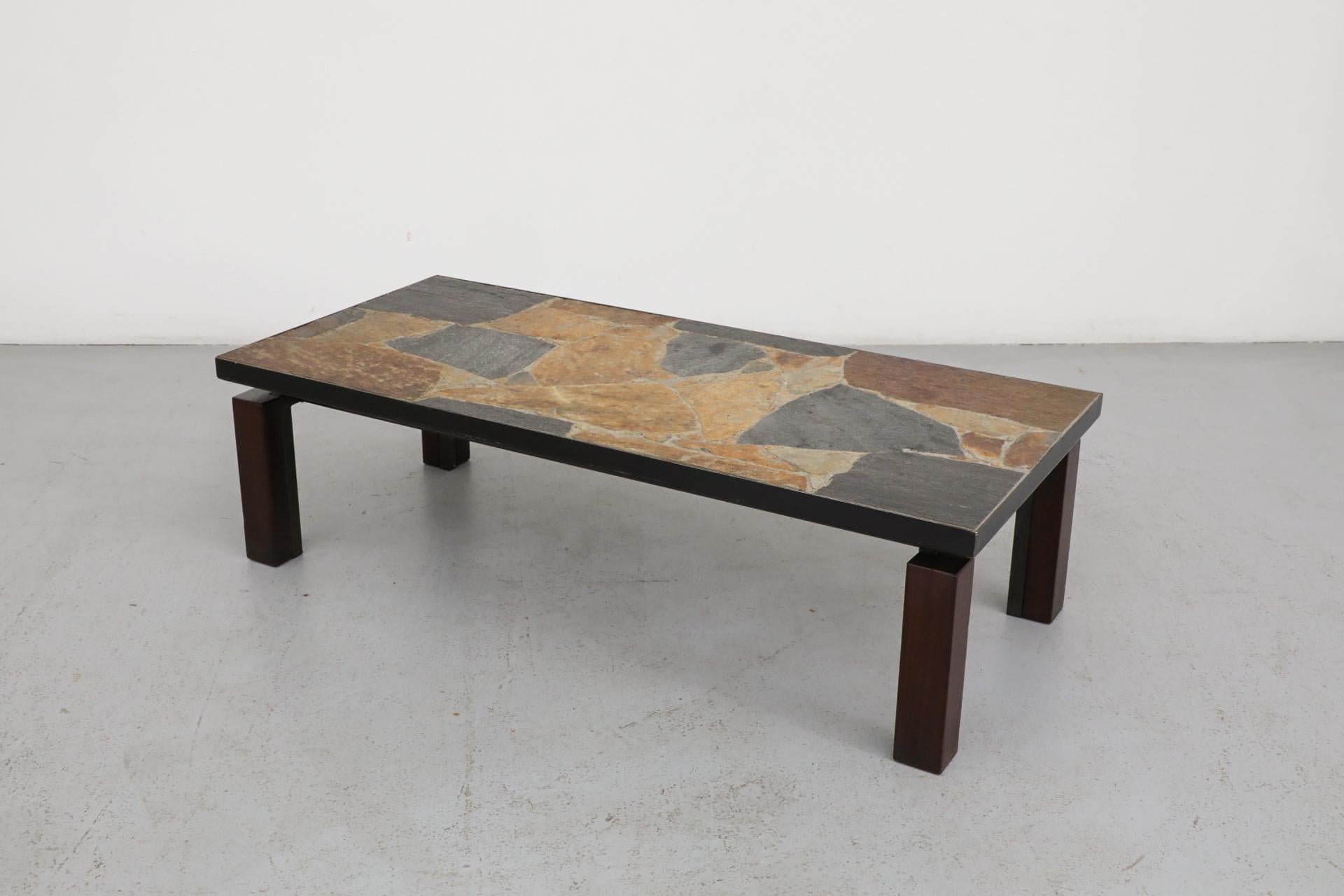 Paul Kingma Inspired Mixed Slate & Stone Coffee Table with Wood and Metal Base In Good Condition For Sale In Los Angeles, CA