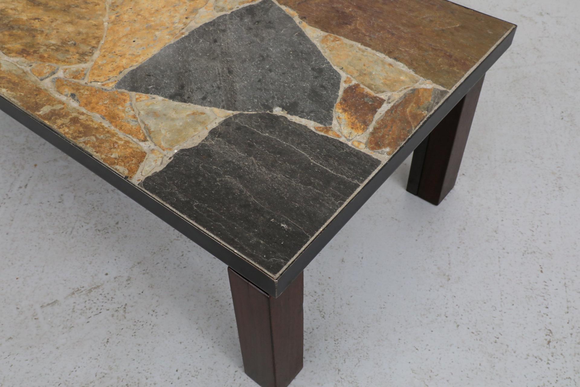 Paul Kingma Inspired Mixed Slate & Stone Coffee Table with Wood and Metal Base For Sale 2