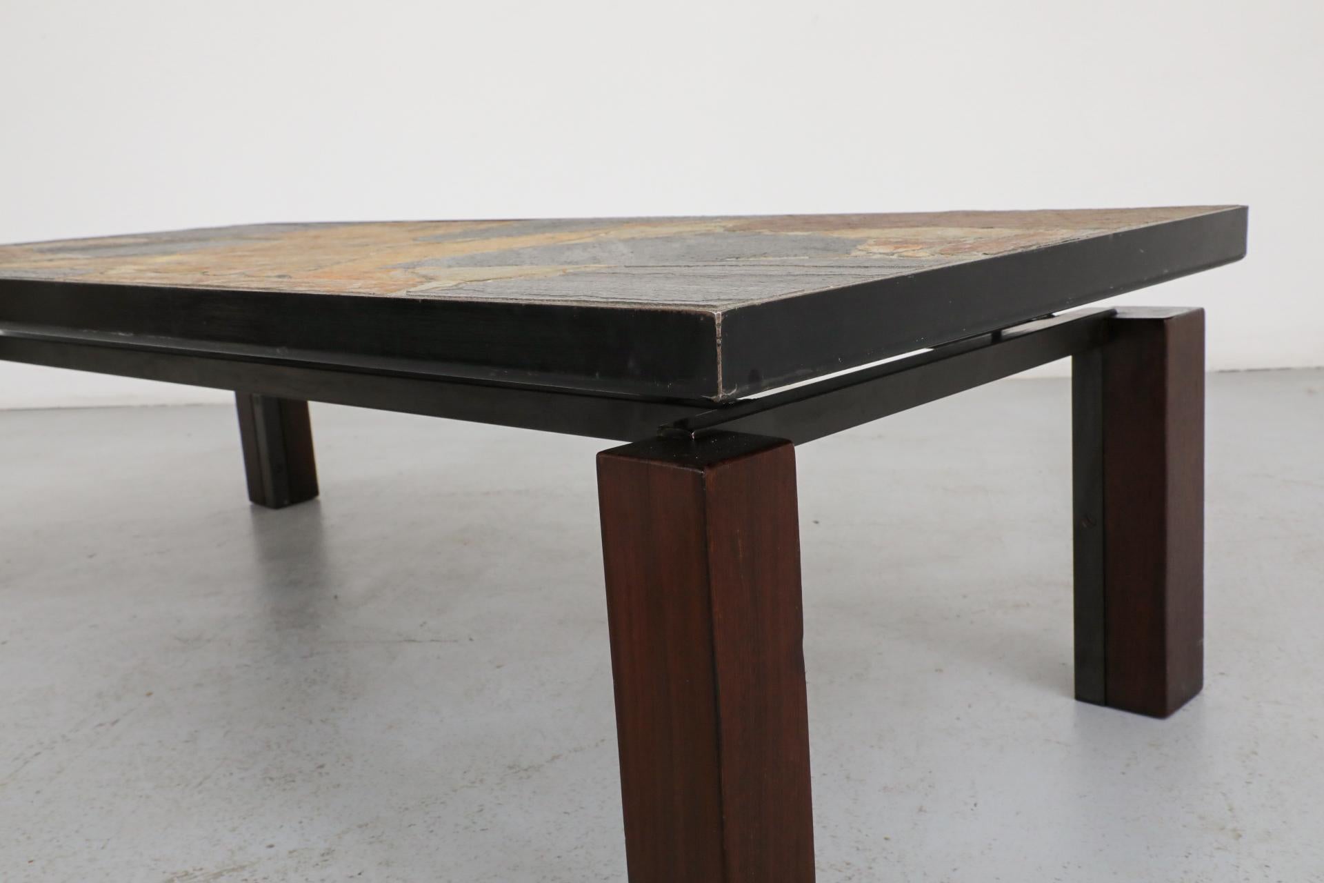 Paul Kingma Inspired Mixed Slate & Stone Coffee Table with Wood and Metal Base For Sale 3
