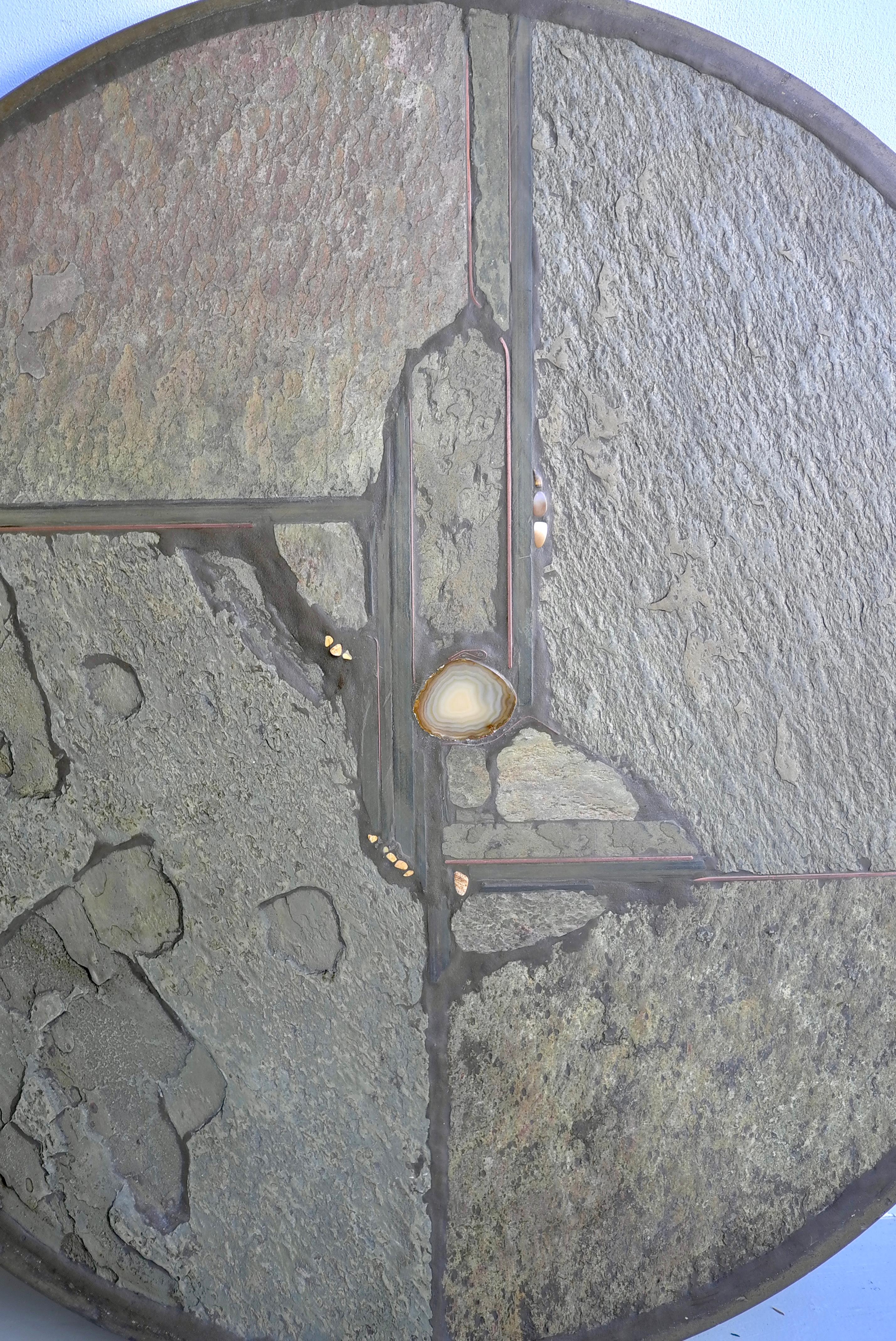 Late 20th Century Paul Kingma Round Art Coffee Table, Agate and Green Stone with Brass Details For Sale