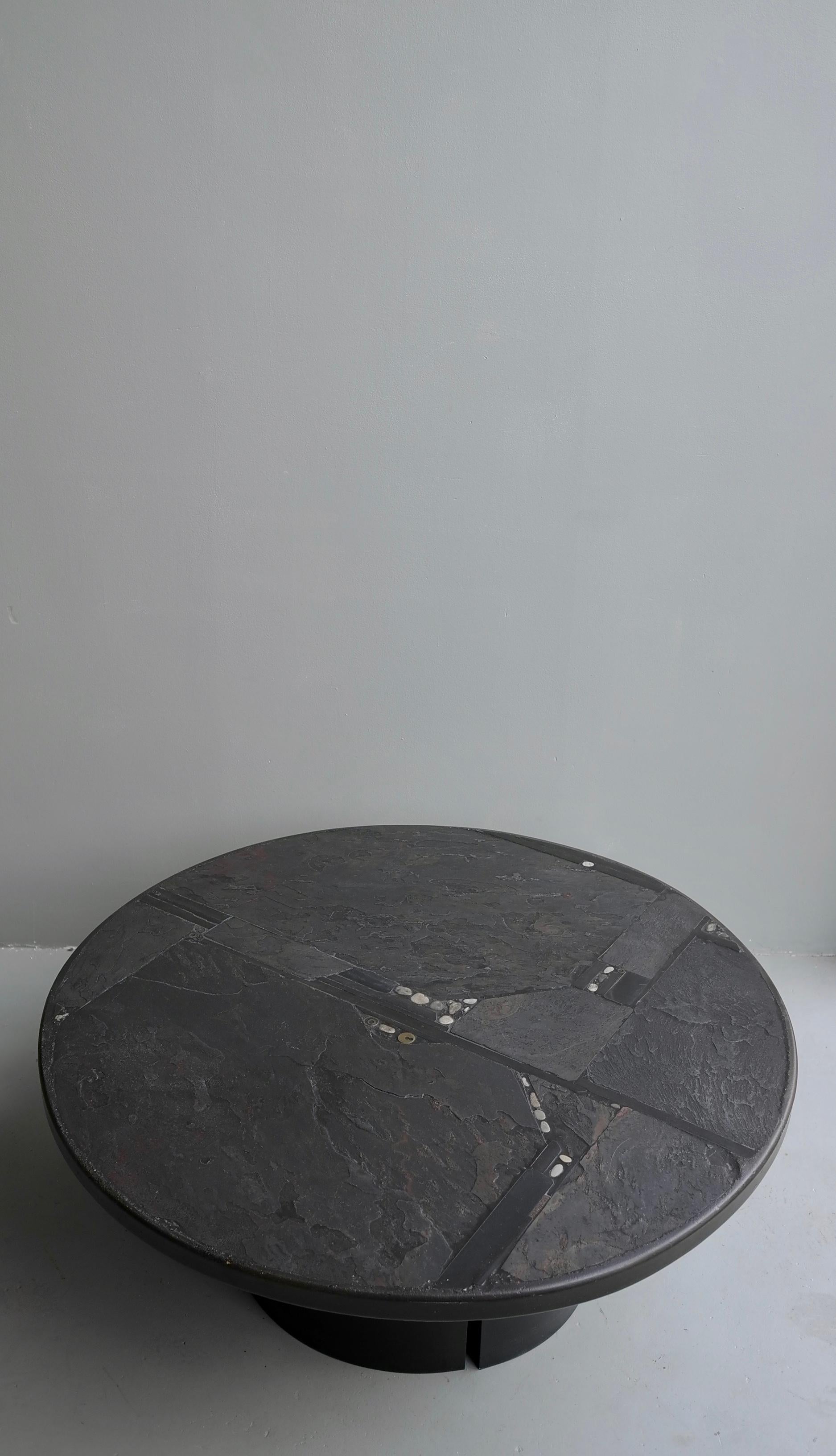 Dutch Paul Kingma Round Art Coffee Table in Slate, Grey and Black Stone, Brass Details