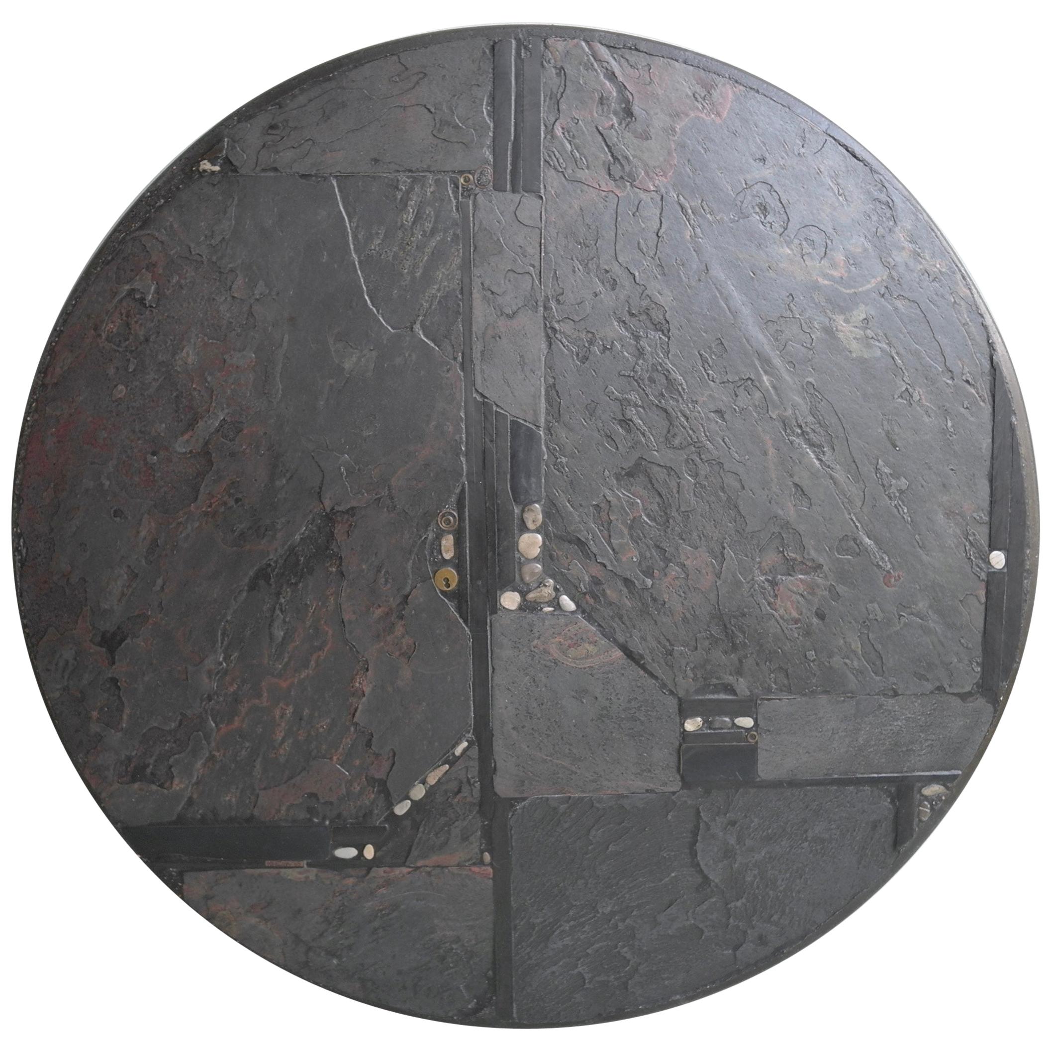 Paul Kingma Round Art Coffee Table in Slate, Grey and Black Stone, Brass Details