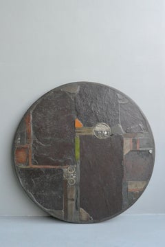 Paul Kingma Round Coffee Table in Slate, Mixed Color Stone and Brass, Dated 1979