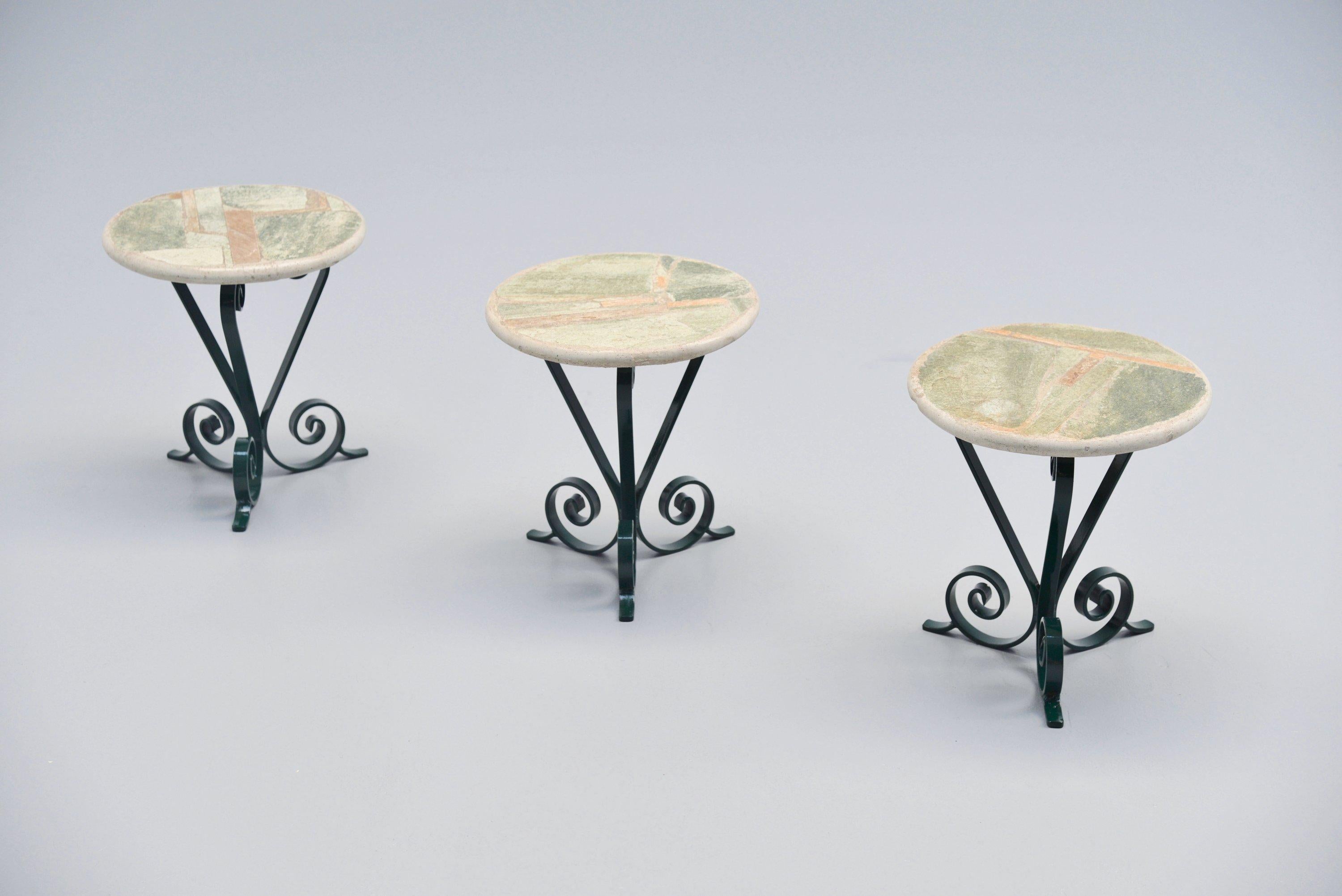 Rare and unusual set of 3 side tables designed and made by Paul Kingma, Holland, circa 1980. These tables are unsigned but came directly from the Kingma family, they were used outdoors on the terrace. Small side tables are very hard to find, in the
