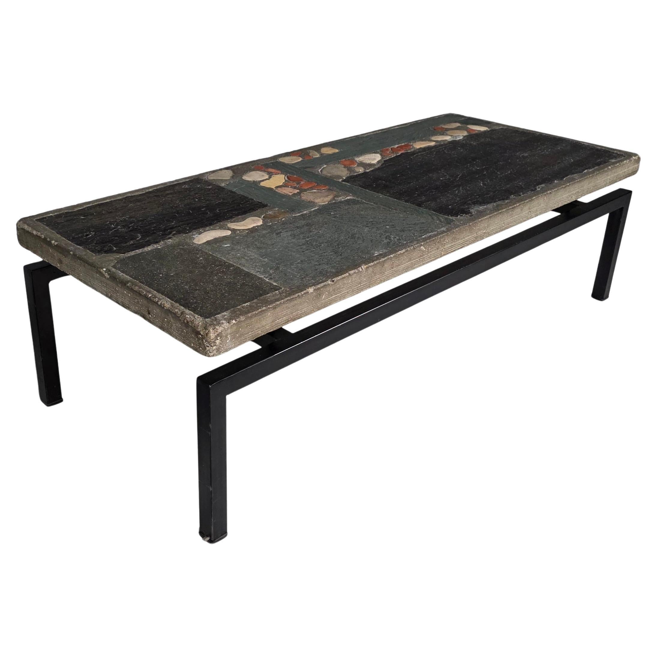Paul Kingma slate and stone mosaic coffee table on steel base