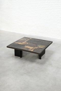 Paul Kingma Slate, Stone, and Brass Inlaid Coffee Table, 1970's
