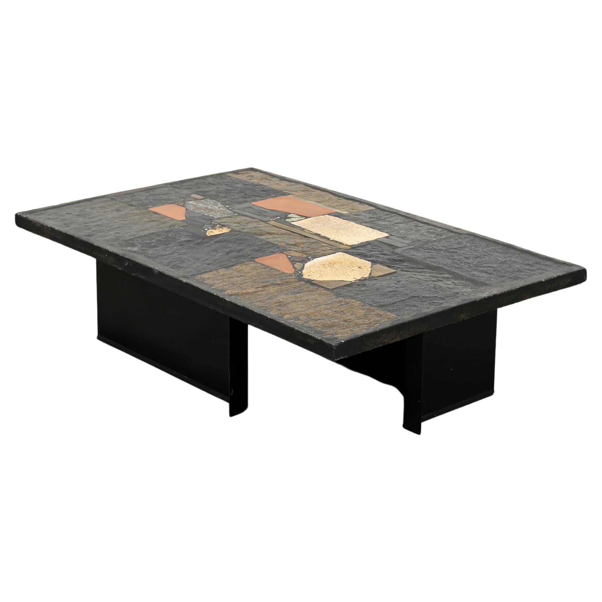 Paul Kingma Slate, Stone, and Brass Inlaid Coffee Table, 1970's