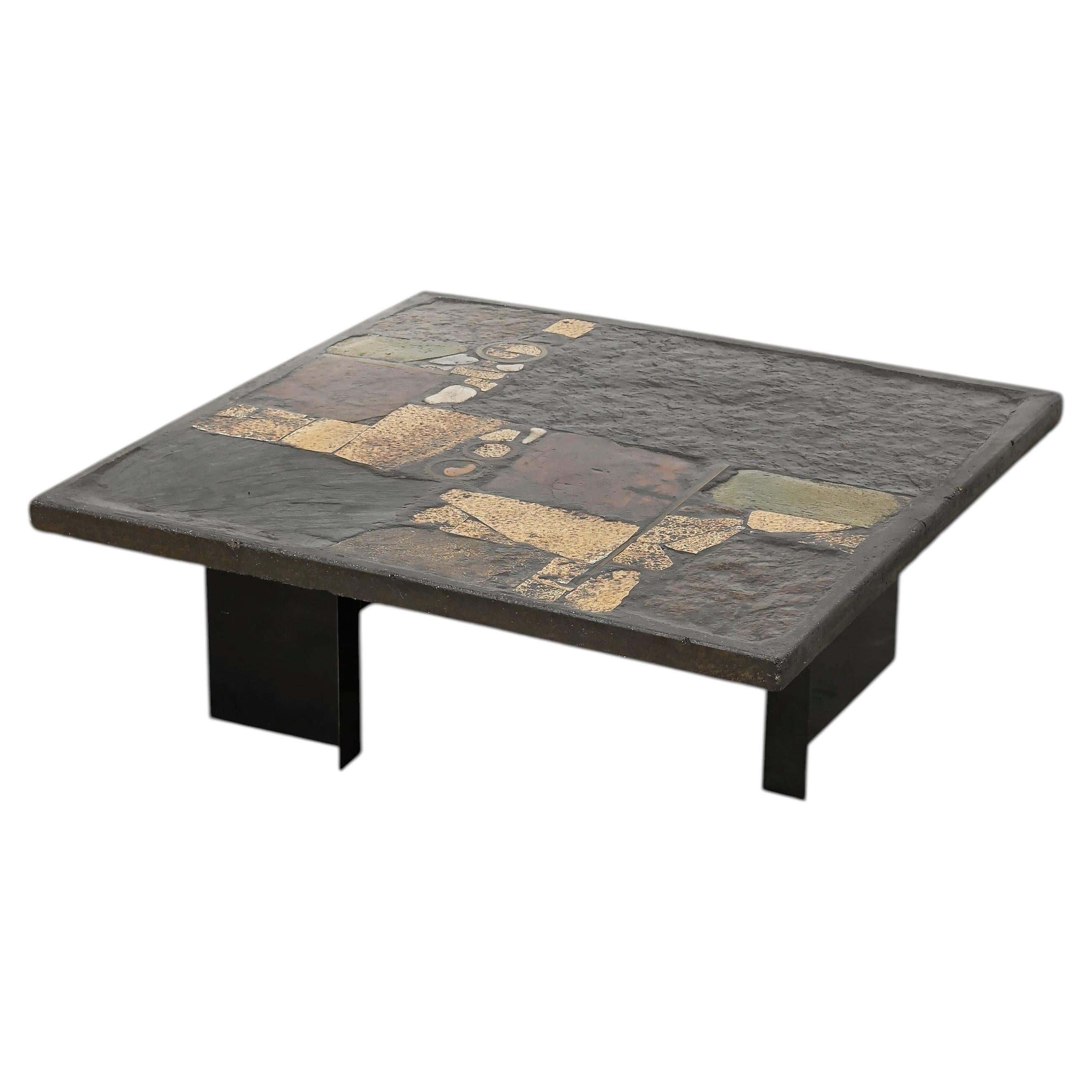 Paul Kingma Slate, Stone, and Brass Inlaid Coffee Table, 1970's