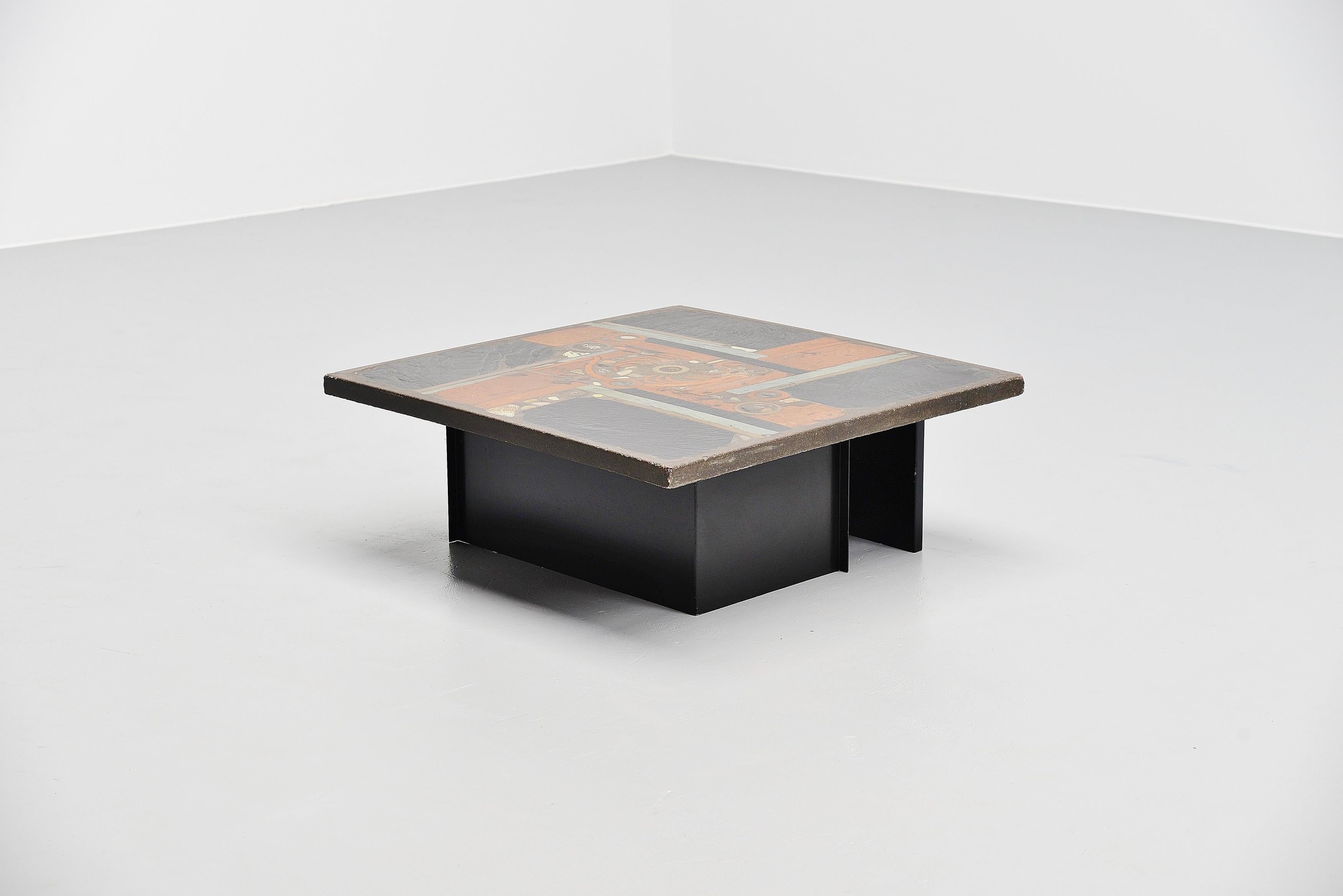 Very nice and unique solid concrete square coffee table designed and made by Paul Kingma, Holland 1978. Paul Kingma was well known for his architectural tables that pay a tribute to the riches of Nature by traveling extensively in search of rare