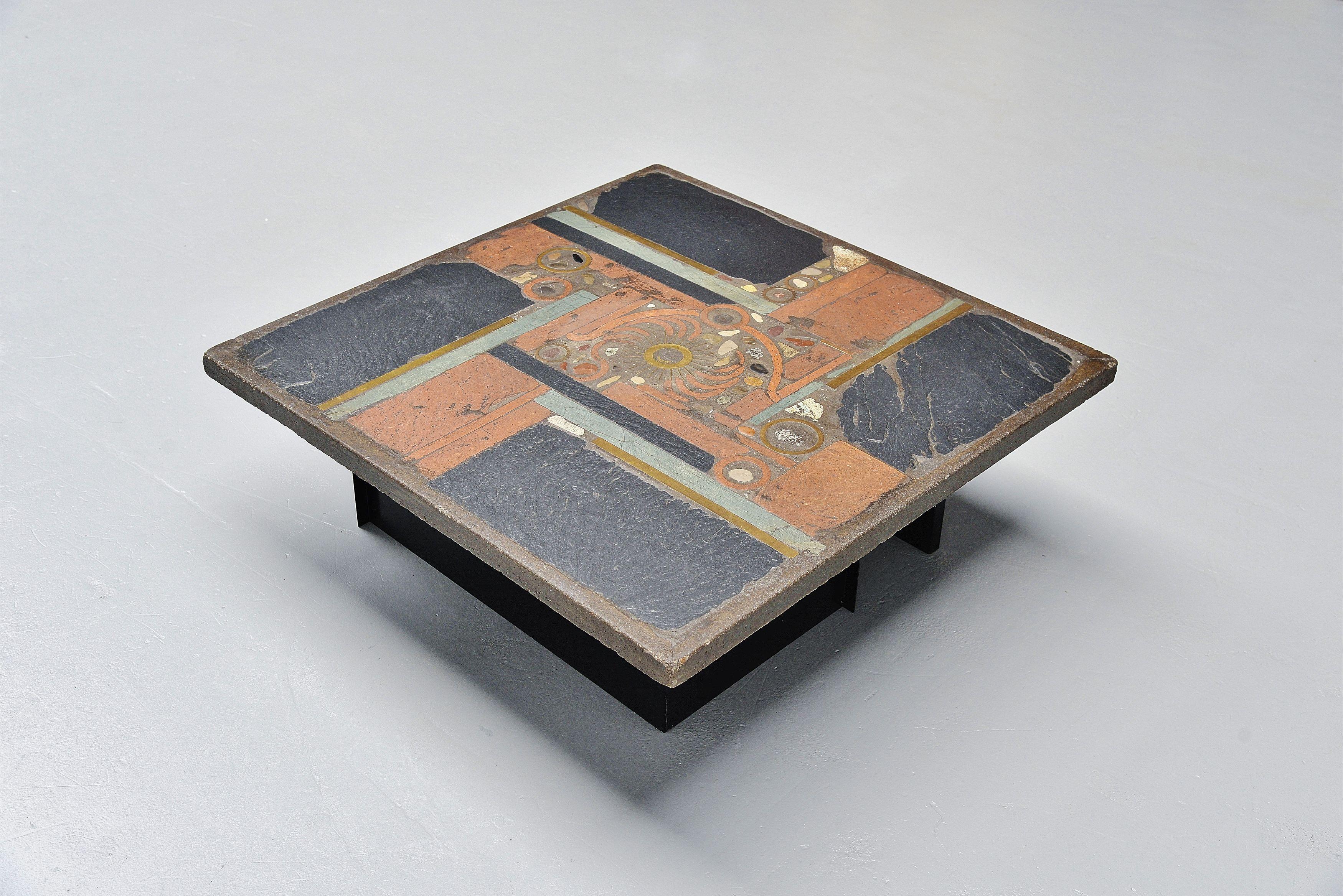 Cold-Painted Paul Kingma Square Coffee Table Slate Top, Holland, 1978