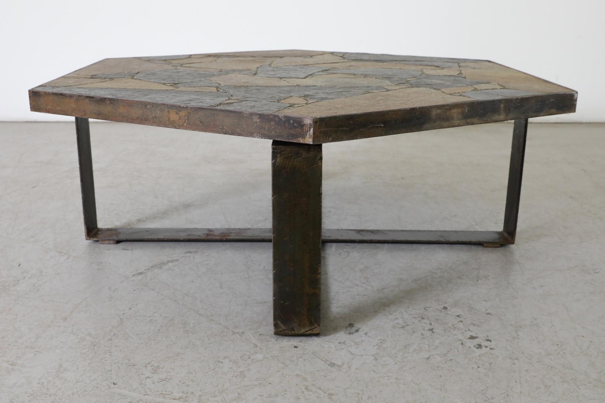 Paul Kingma Style Brutalist Steel & Stone Hexagonal Coffee Table, 1970's For Sale 6