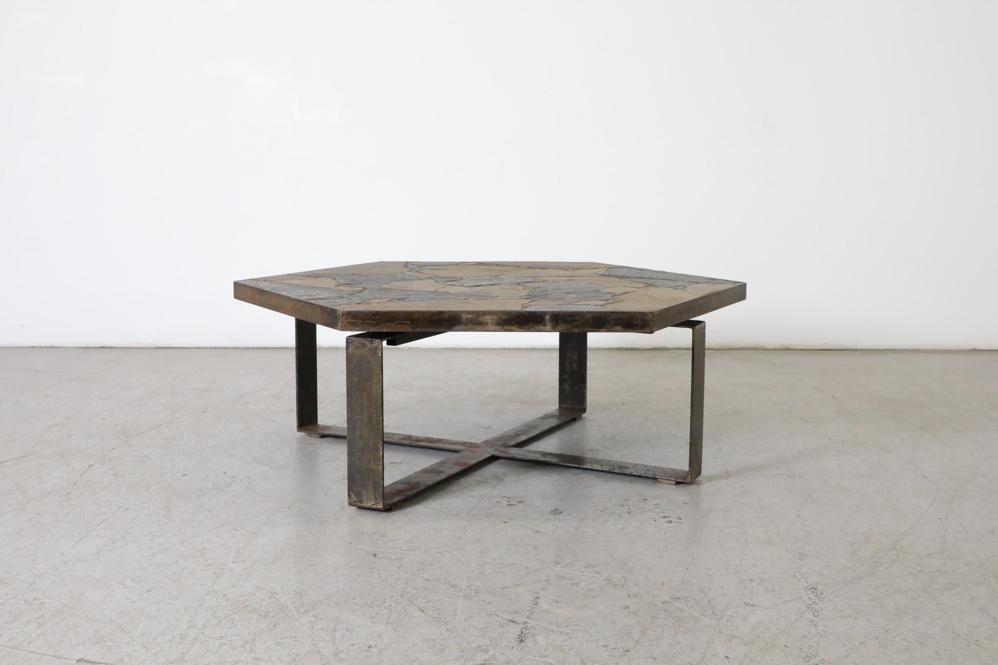 Mid-Century Modern Paul Kingma Style Brutalist Steel & Stone Hexagonal Coffee Table, 1970's For Sale