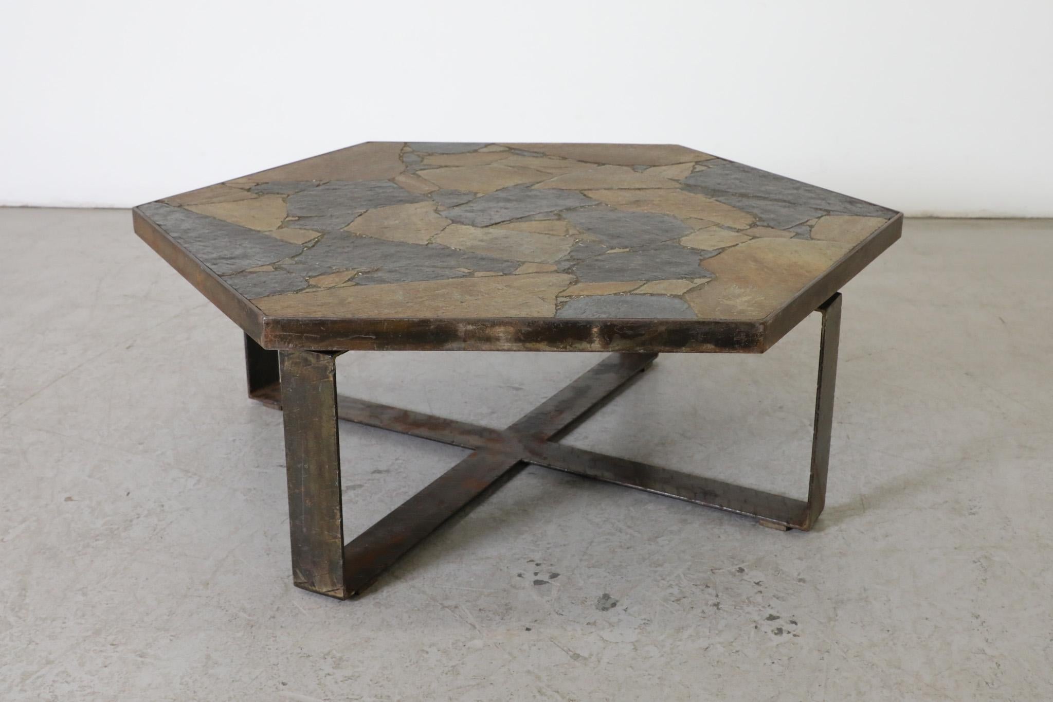 Paul Kingma Style Brutalist Steel & Stone Hexagonal Coffee Table, 1970's In Good Condition For Sale In Los Angeles, CA