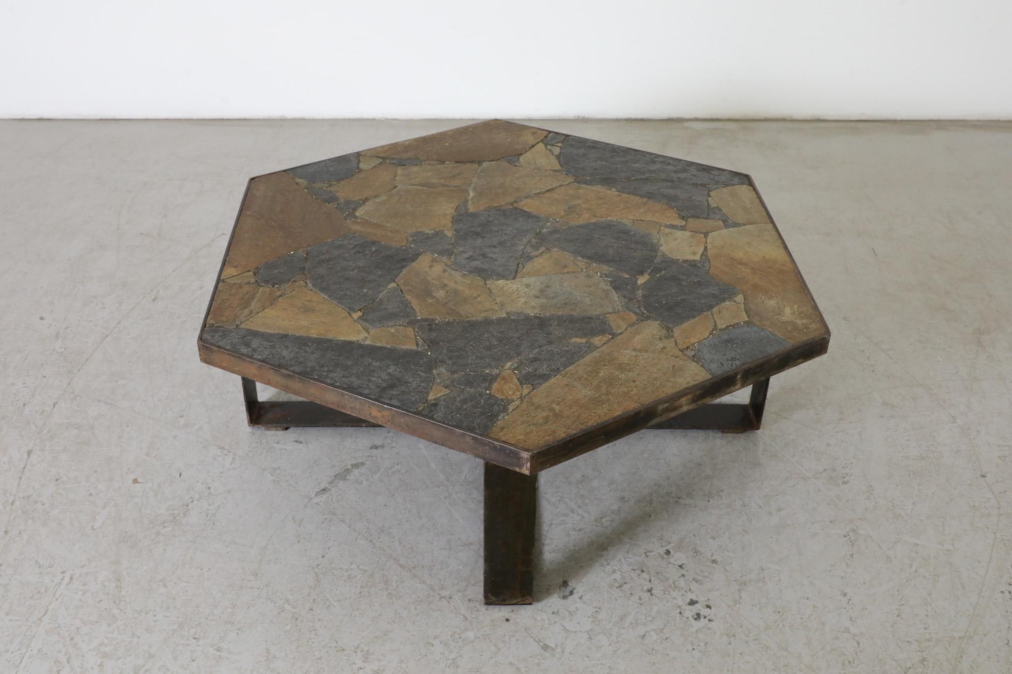 Late 20th Century Paul Kingma Style Brutalist Steel & Stone Hexagonal Coffee Table, 1970's For Sale