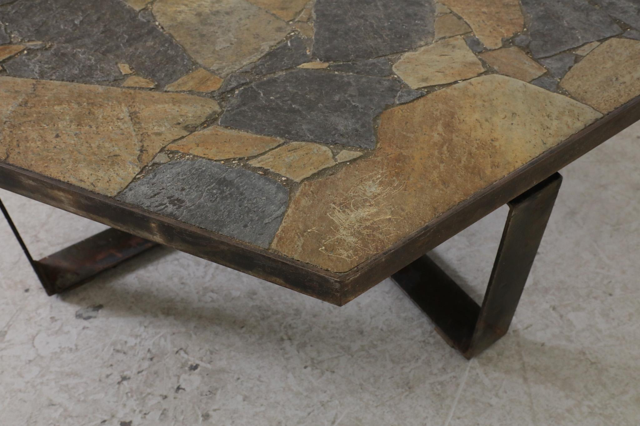 Metal Paul Kingma Style Brutalist Steel & Stone Hexagonal Coffee Table, 1970's For Sale
