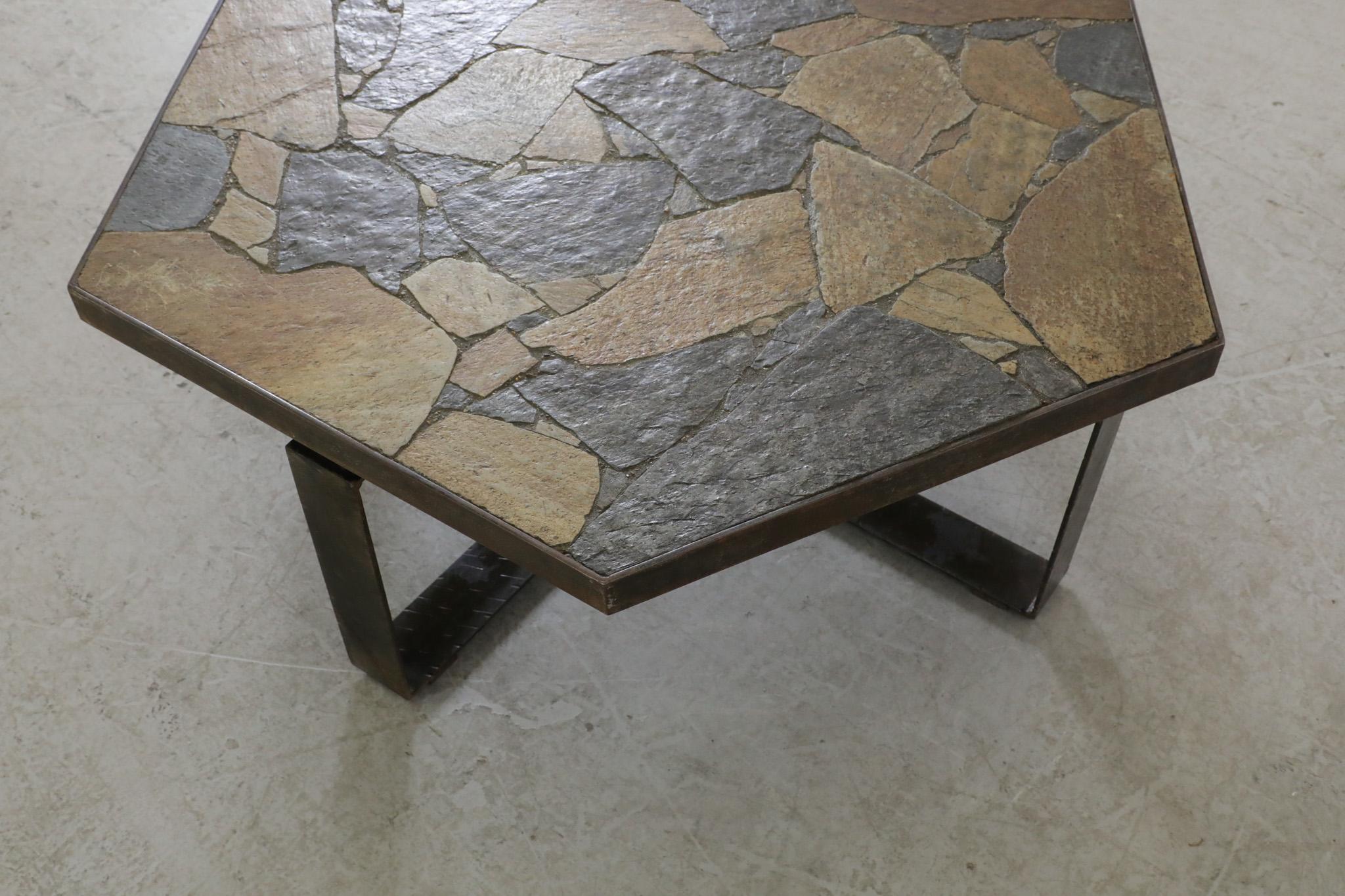 Paul Kingma Style Brutalist Steel & Stone Hexagonal Coffee Table, 1970's For Sale 1
