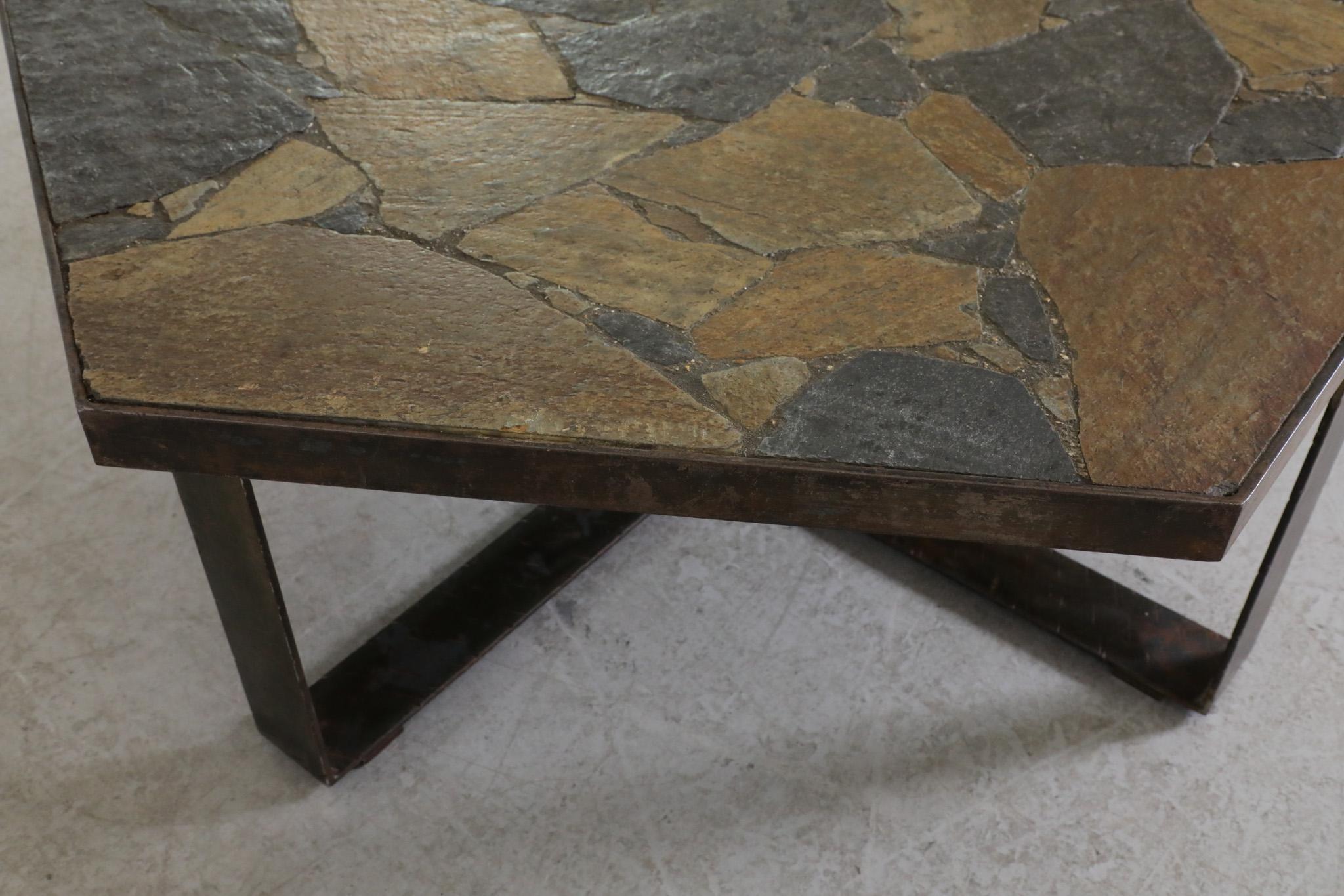 Paul Kingma Style Brutalist Steel & Stone Hexagonal Coffee Table, 1970's For Sale 2