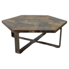 Paul Kingma Style Brutalist Steel & Stone Hexagonal Coffee Table, 1970's