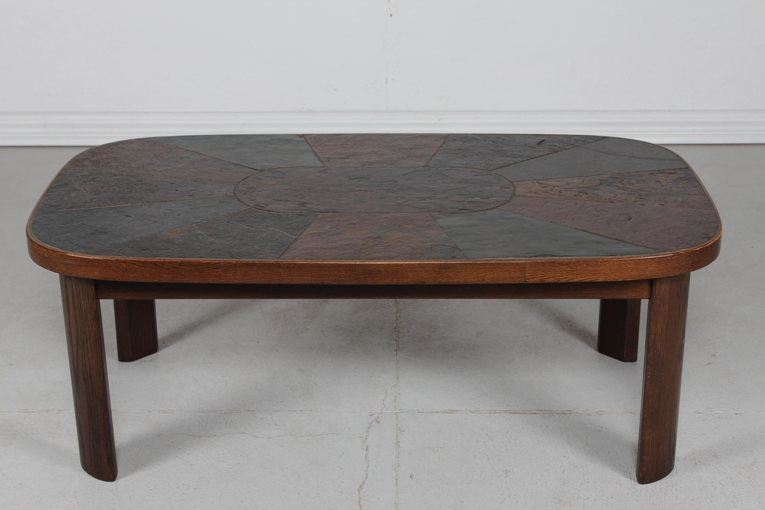 Brutalist Paul Kingma Style Coffee Table of Dark Stained Oak with Slate Top Denmark 1980s For Sale