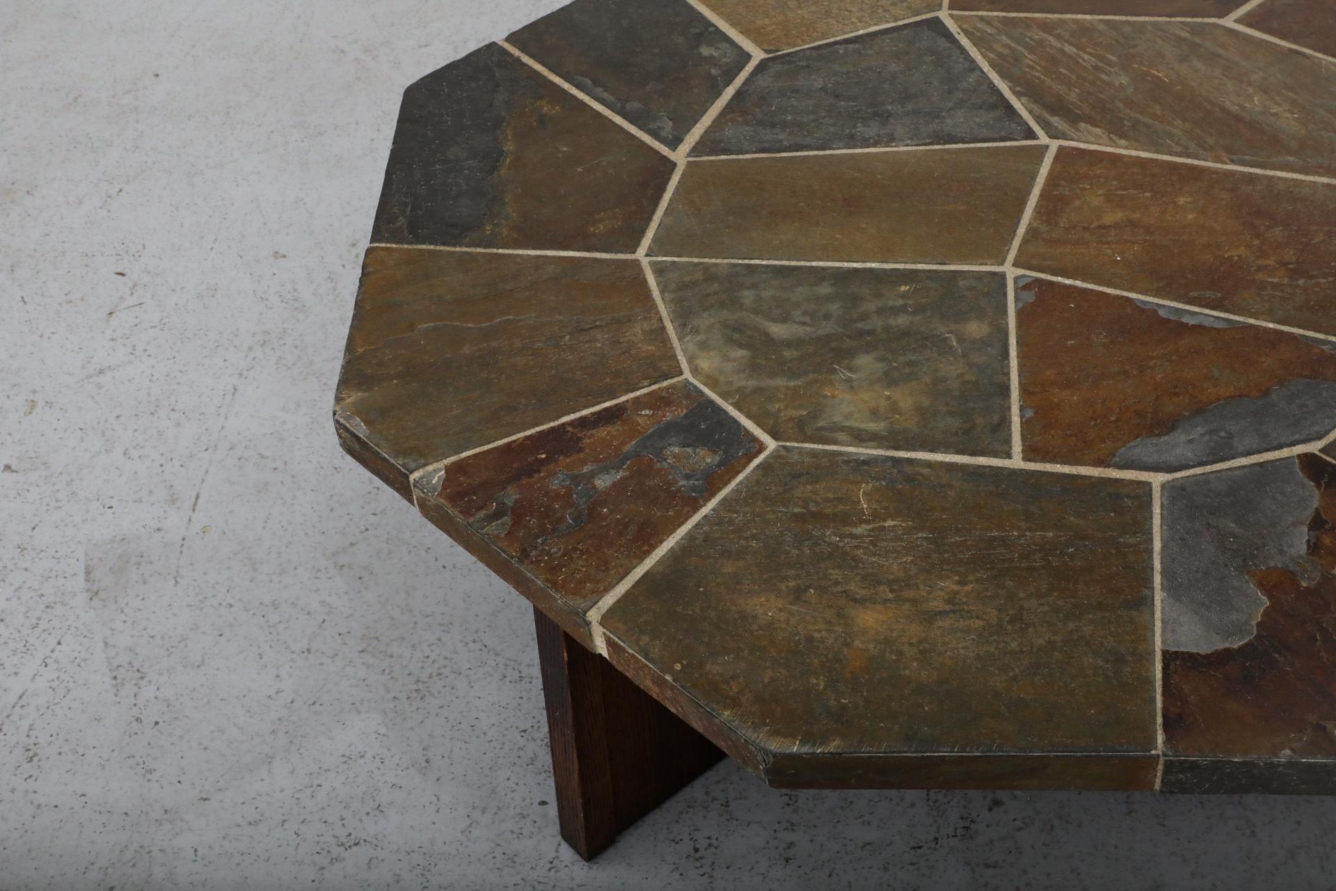 Paul Kingma Style Hexagonal Mosaic Stone Coffee Table with Wooden X Base 6