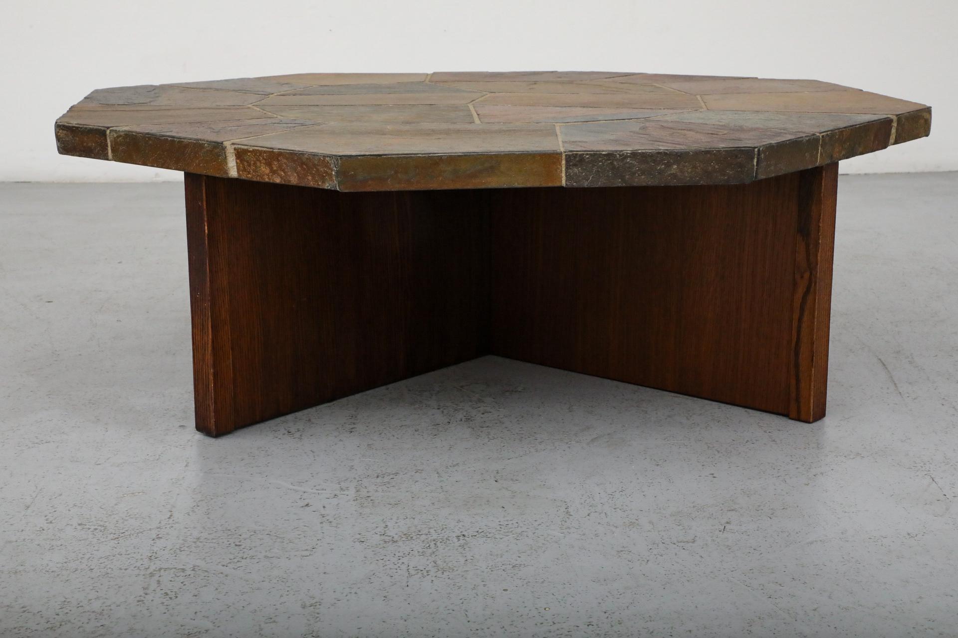Paul Kingma Style Hexagonal Mosaic Stone Coffee Table with Wooden X Base 7