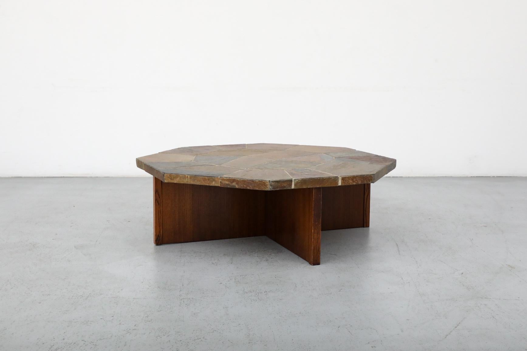 Mid-Century Modern Paul Kingma Style Hexagonal Mosaic Stone Coffee Table with Wooden X Base