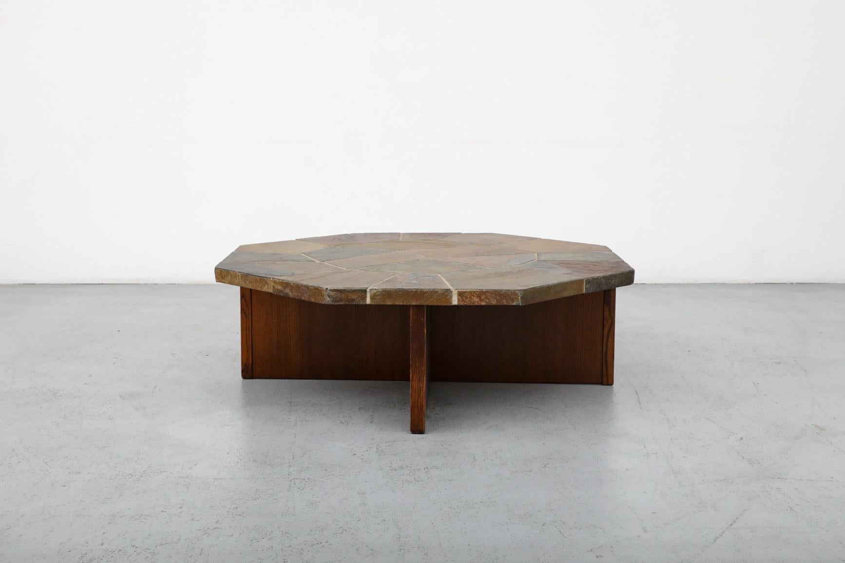 Dutch Paul Kingma Style Hexagonal Mosaic Stone Coffee Table with Wooden X Base