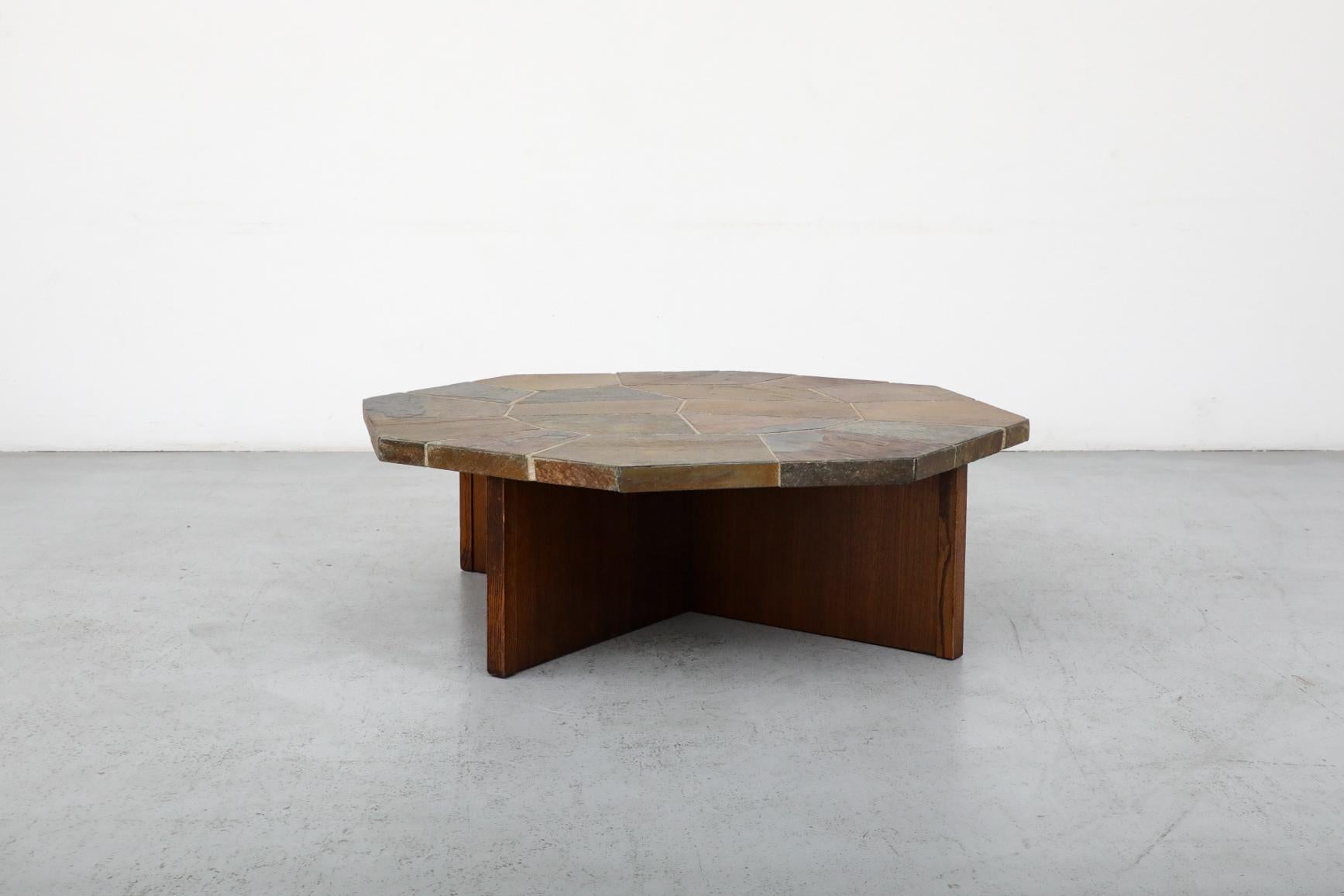 Paul Kingma Style Hexagonal Mosaic Stone Coffee Table with Wooden X Base In Good Condition In Los Angeles, CA
