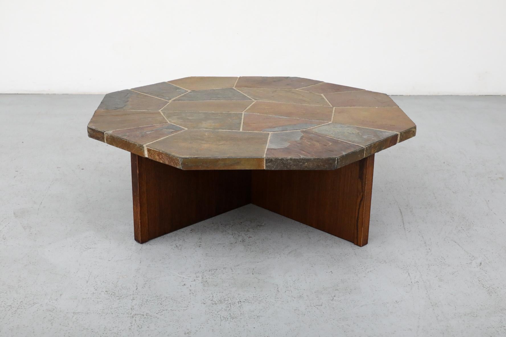 20th Century Paul Kingma Style Hexagonal Mosaic Stone Coffee Table with Wooden X Base