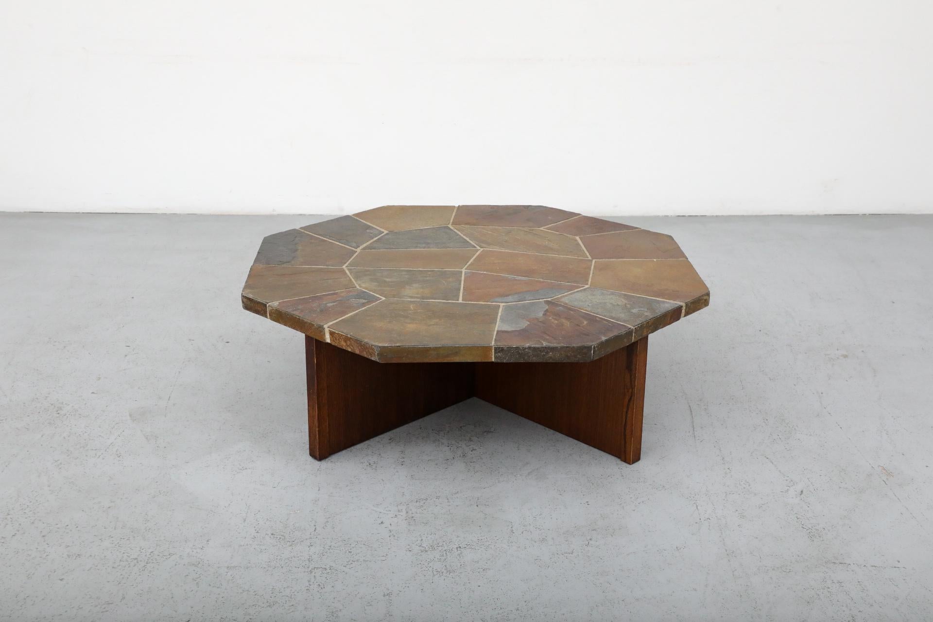 Paul Kingma Style Hexagonal Mosaic Stone Coffee Table with Wooden X Base 1