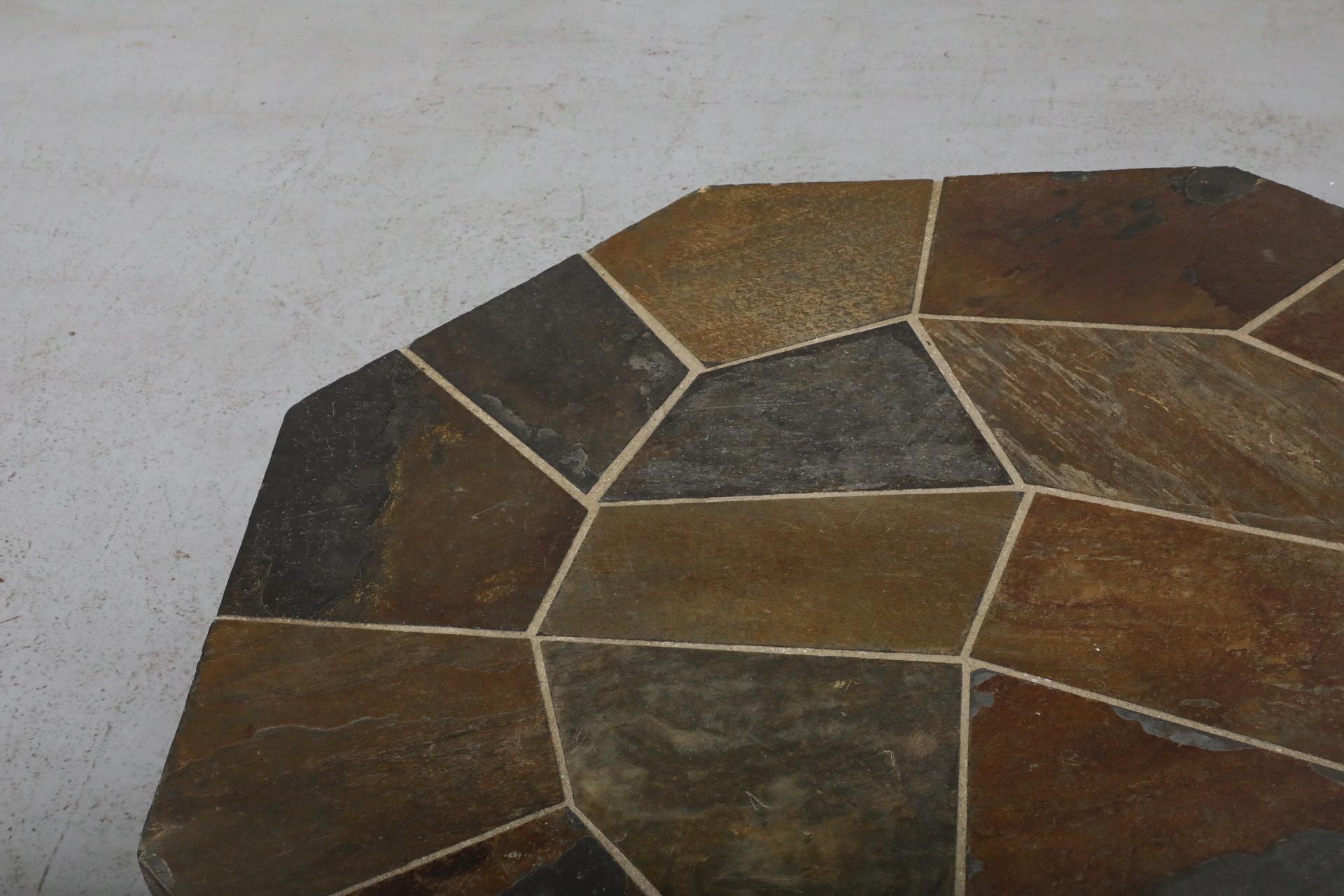 Paul Kingma Style Hexagonal Mosaic Stone Coffee Table with Wooden X Base 3