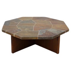 Paul Kingma Style Hexagonal Mosaic Stone Coffee Table with Wooden X Base