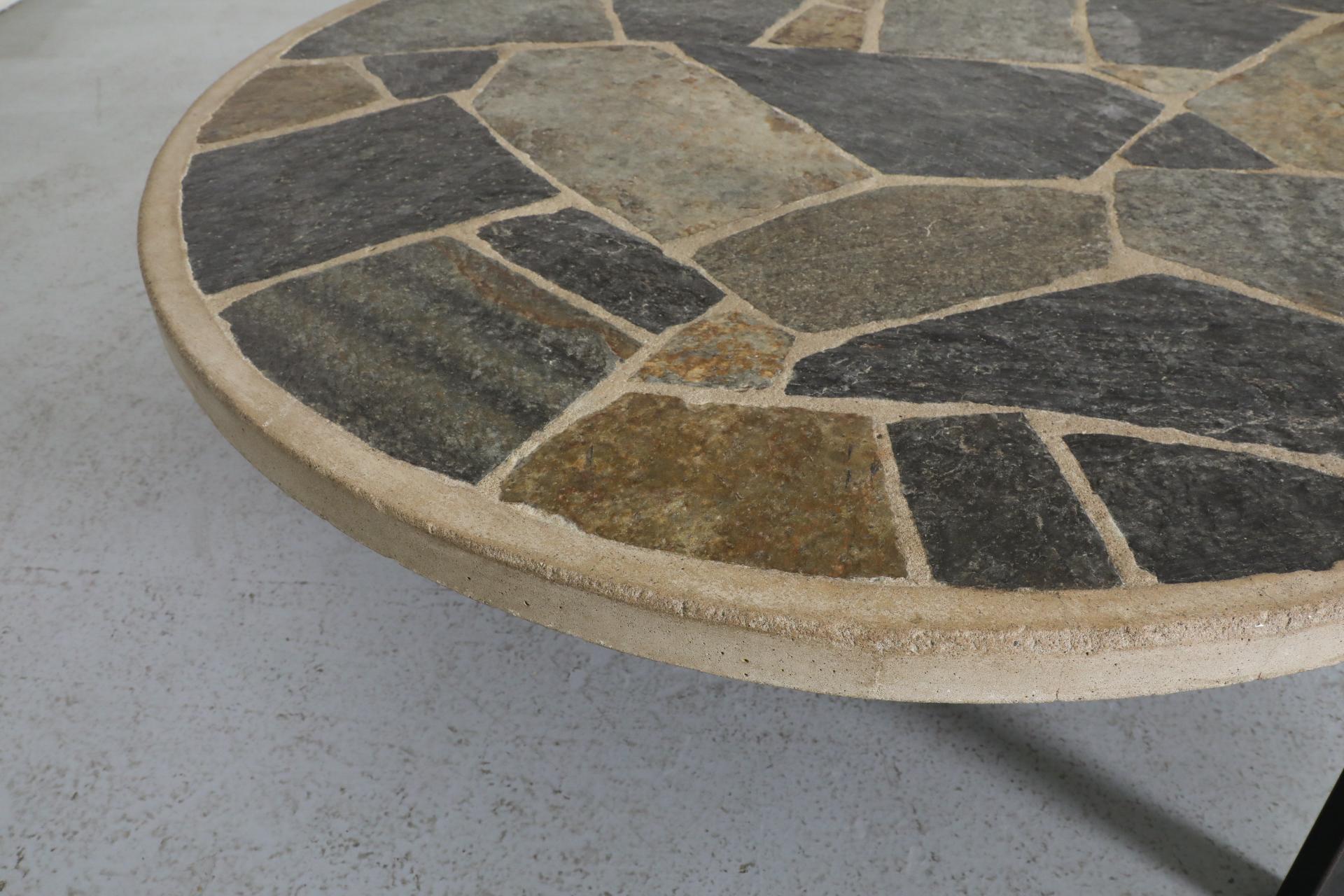 Paul Kingma Style Round Textured Stone Top Coffee Table with Black Enameled Base For Sale 4