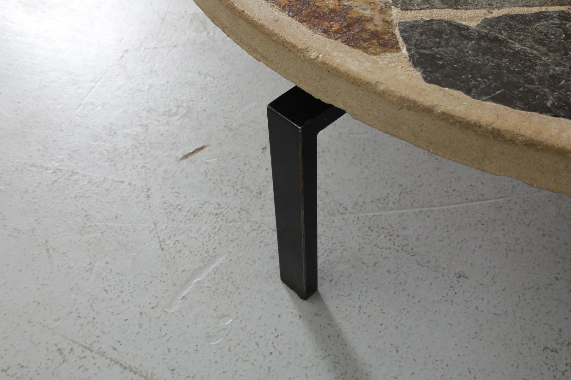 Paul Kingma Style Round Textured Stone Top Coffee Table with Black Enameled Base For Sale 6