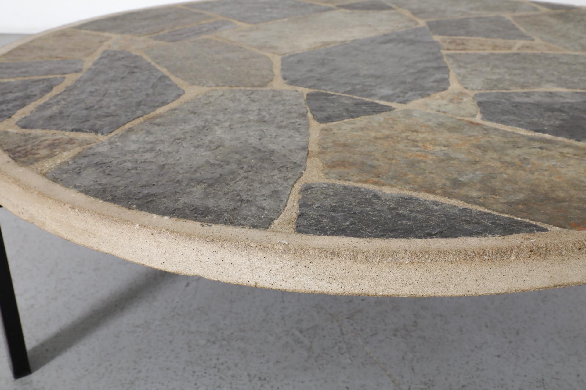 Paul Kingma Style Round Textured Stone Top Coffee Table with Black Enameled Base For Sale 7