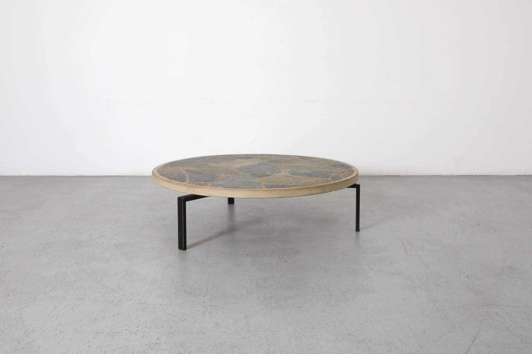 Dutch Paul Kingma Style Round Textured Stone Top Coffee Table with Black Enameled Base For Sale